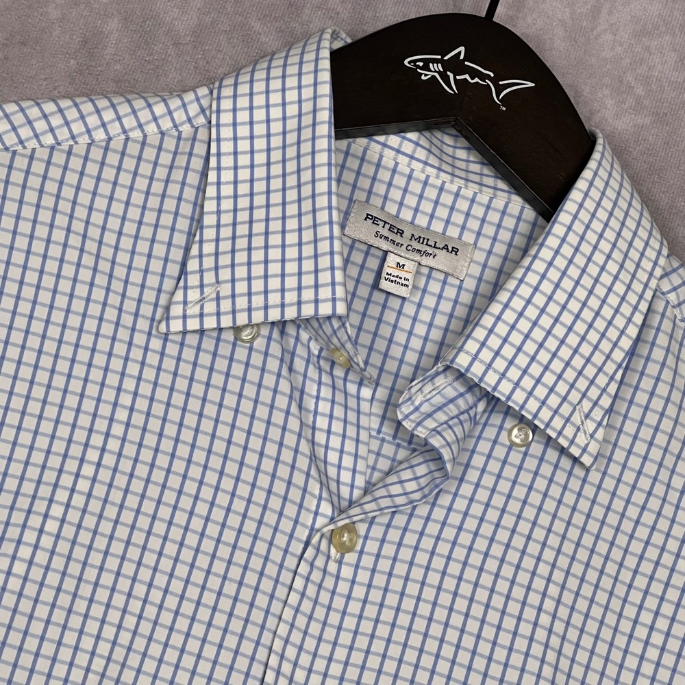 Peter Millar Button Down Mens Medium Blue White Excellent Summer Comfort Stretch